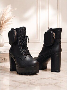 Chunky Black High-Heel Ankle Boots With Lace-Up Design with Side Pouch Rugged Pl